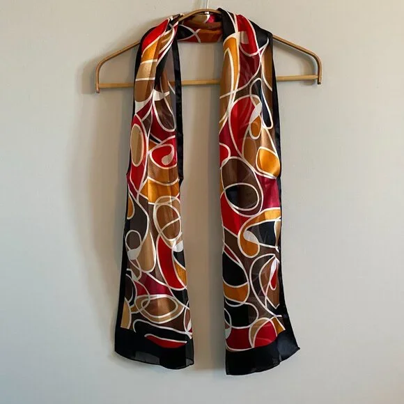 2/$20 👒 Vintage Oldstock Sheer Scarf with Red, Black, Orange Abstract Pattern - Picture 3 of 8